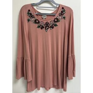 Como Vintage Embroidered Floral Bell Sleeve Top Pink Size M